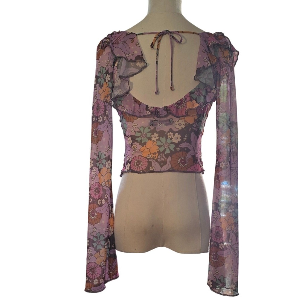 Urban Outfitters Floral Mesh Ruched Long Sleeve Top Purple Retro 70s Style Small